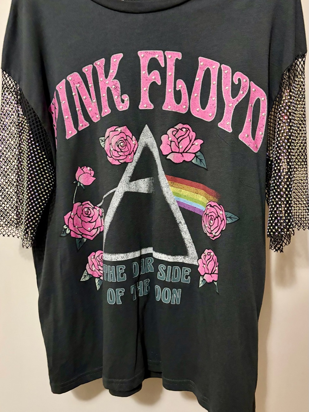 Pink Floyd Black Tee with Pink Roses and Rainbow Prism Rhinestone Sleeves